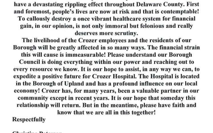 President Peterson Statement on Closure of Crozer